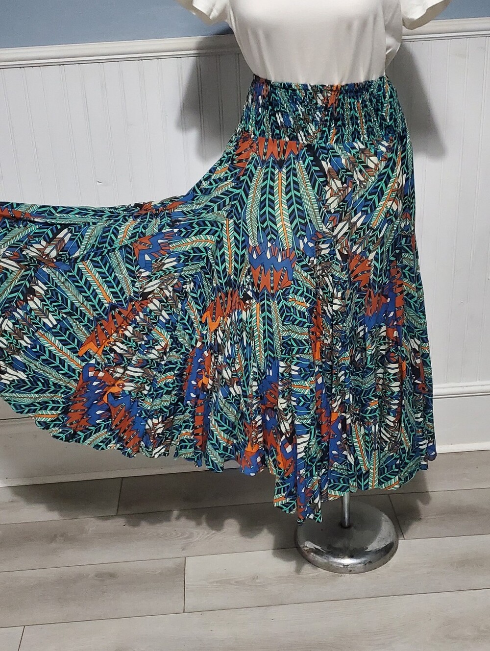 Boho Teal, Blue & Orange Feather Geometric Maxi Skirt Maximalist Colorful Flowy